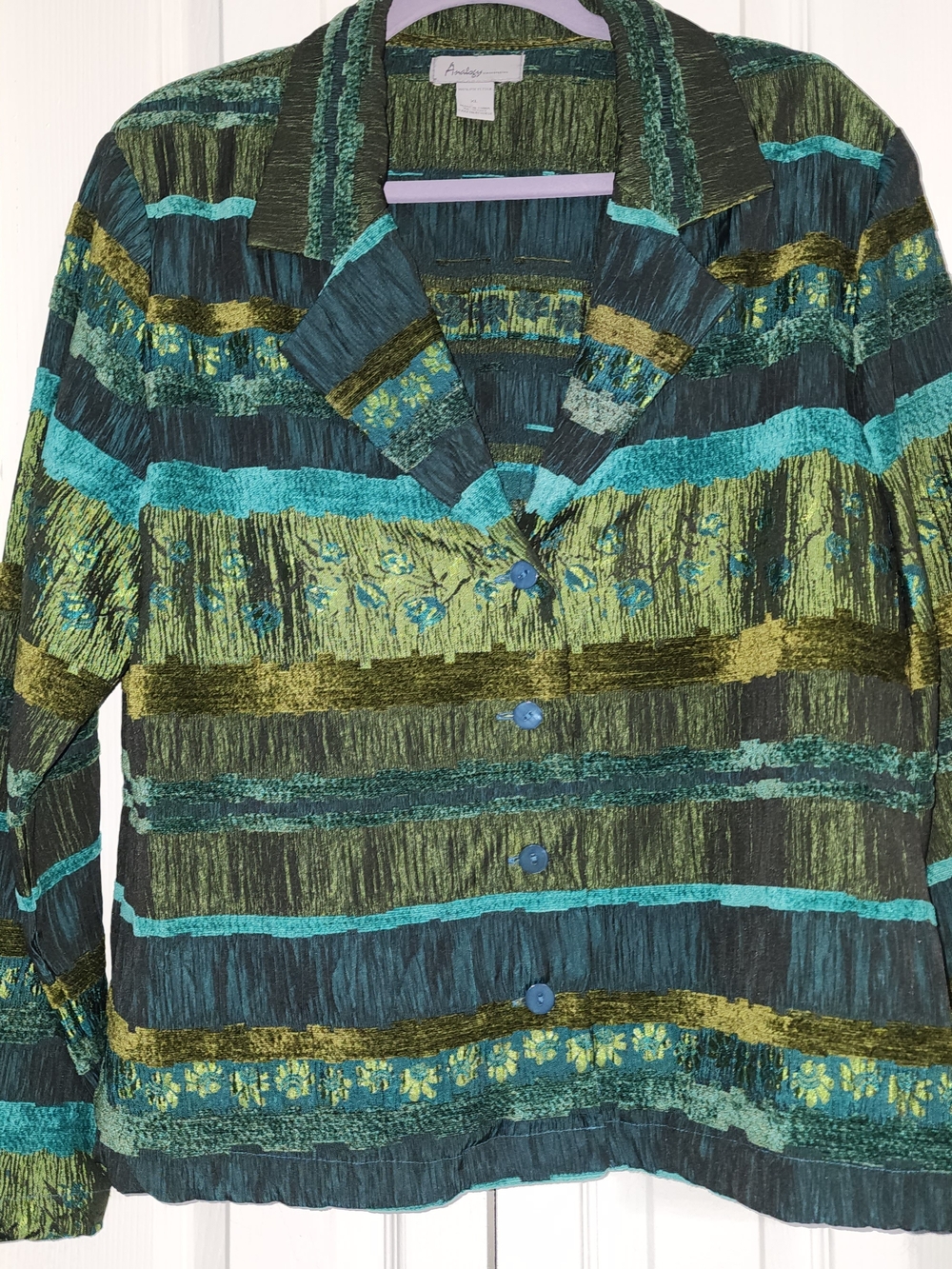 Brocade, Textured Green and Teal Striped Textured Jacket Size XL Boho